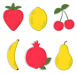 Doodle textured cute fruits, berry, lemon, strawberry, banana, garnet, pear. Trendy elements in modern vector hand drawn style. Fruit vector illustration isolated on white. Trendy minimalist print.