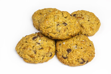 rolled oats chocolate chip peanut butter cookie with pretzel sticks