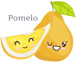 Cute pomelo sticker kawaii icon vector design. Adorable cute charming tropical fruit with positive emotions, event or very pleasant situation, japanese culture symbol anime, innocence and childishness