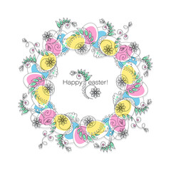 Easter greeting frame. Decorative composition of Easter eggs, hand drawn in black outline on a white background with floral pattern and flowers. Line design. Vector illustration. 