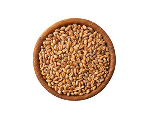 Bowl with wheat isolated on white background. Close-up. Grain wheat on white background. Whole grain wheat. Top view, image with copy space.