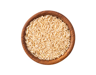 Bowl with brown rice isolated on white background. Close-up. Grain rice on white background. Top view, image with copy space.