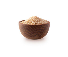 Bowl with brown rice isolated on white background. Close-up. Grain rice on white background.