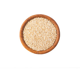 Fototapeta na wymiar Bowl with quinoa isolated on white background. Close-up. Grain quinoa on white background. Whole grain quinoa. Top view, image with copy space.
