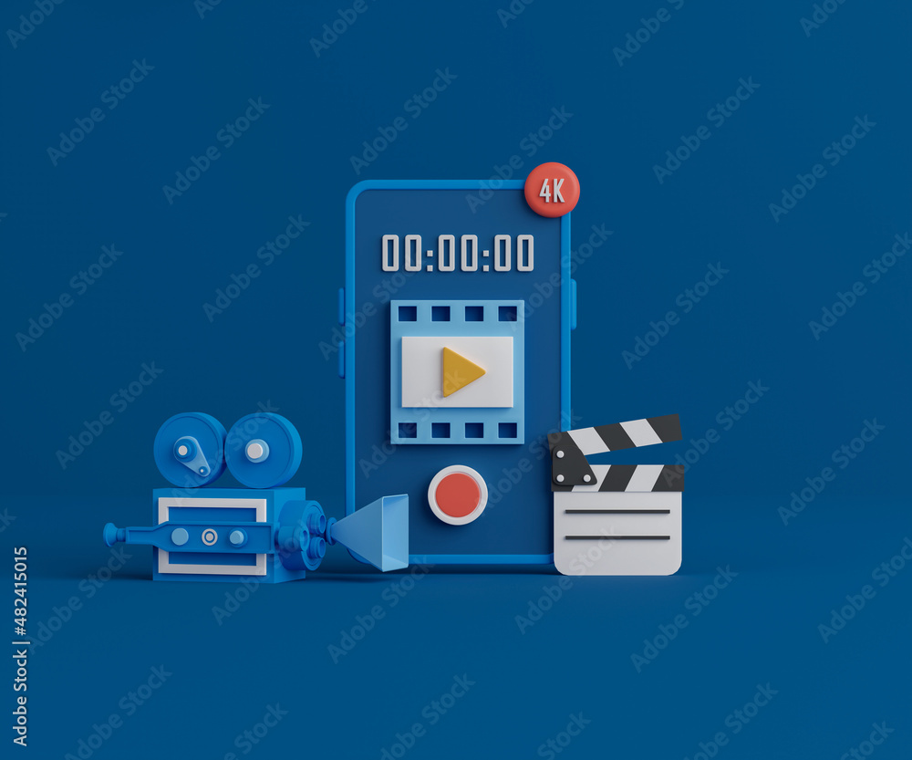 Poster 3d rendering video application on smartphone. mobile phone with movie camera and film slate on blue 
