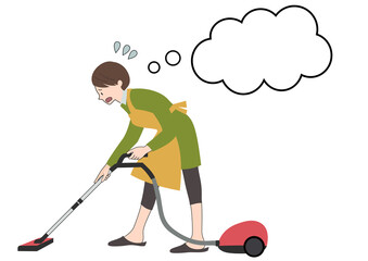 エプロンをして困った顔で掃除機をかける女性（吹き出し付き・ワンオペ家事等のイメージに） © yuko sakuragi 