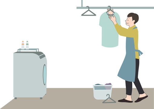 イラスト素材：エプロンをして笑顔で洗濯物を干す男性（家事代行・家事分担等のイメージに）