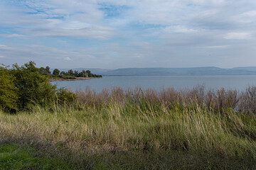 View of the Sea of Galilee and the Golan Heights in the east as seen from the trail along the western coast of the lake, Lake Kinneret, Galilee, Israel 