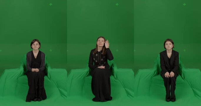GREEN SCREEN CHROMA KEY Front view of female women spectators wearing formal attire watching performance on stage. Crowd replication for theater, opera, ballet. Unkeyed chairs to keep shadows