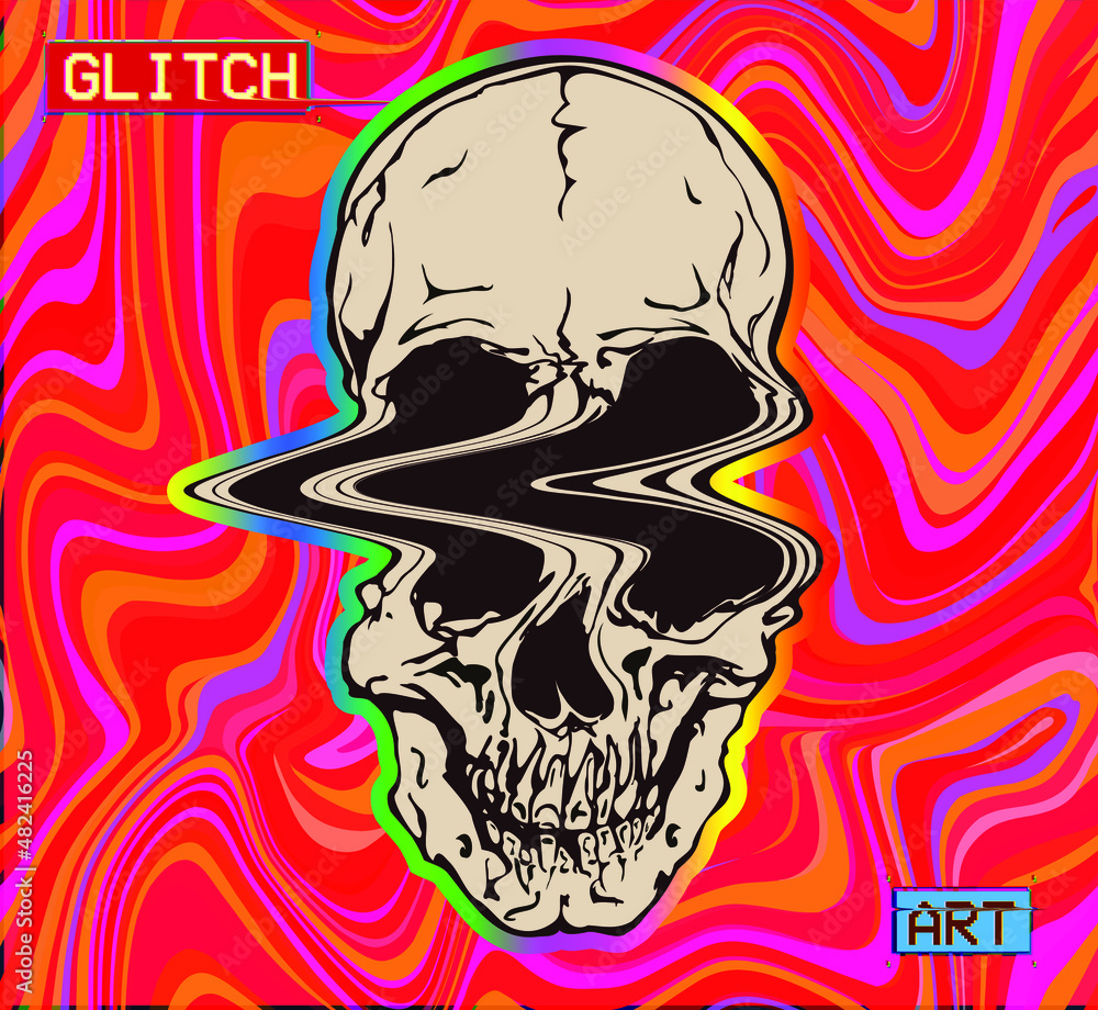 Aufkleber glitch art. vector illustration of psychedelic glitched skull zig zag deformed in the style of corru