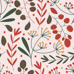 Vector seamless pattern with cute wild plants, herbs and berries in red ang green palette
