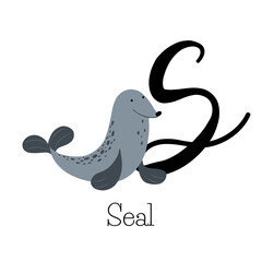 Capital letter S for Seal, with grey smiling seal, childish alphabet