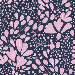 Vector seamless pattern with hand-drawn berries and leaves. Pattern in purple and pink color composition. Fresh and vibrant.