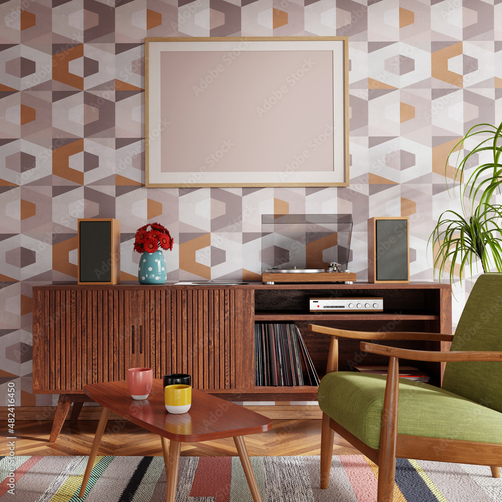 Poster retro style living room with hi-fi audio turntable. colorful patterns and furniture. 3d render. 3d i