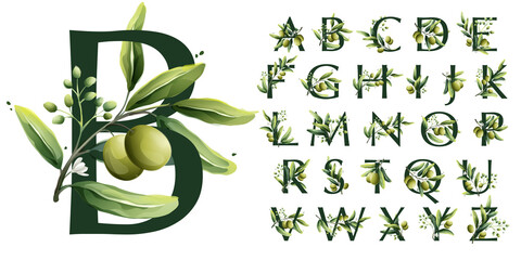 Alphabet in watercolor style with olive branches.