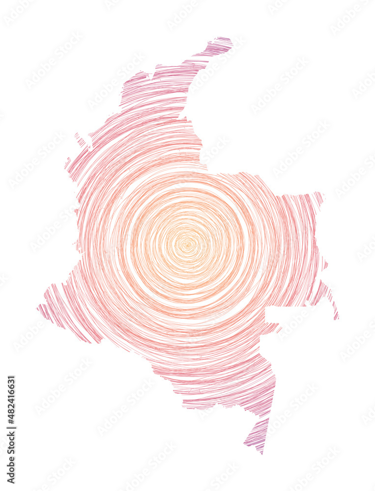 Poster colombia map filled with concentric circles. sketch style circles in shape of the country. vector il