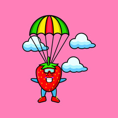 Cute mascot cartoon Strawberry is skydiving with parachute and happy gesture cute modern style design for t-shirt, sticker, logo element