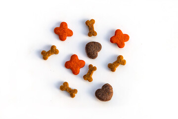 Dog feed, Ready to eat pellets food multi nutrients for cat and dogs or pet,  on white background.