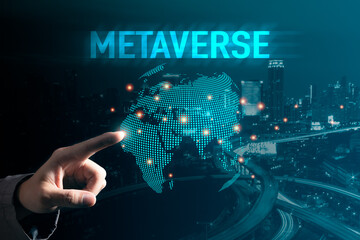 Hand touching interface for Metaverse digital world smart futuristic interface technology background