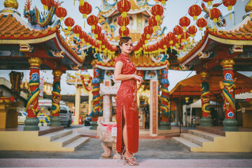 Beautiful Asian Chinese Woman Wearing Cheongsam Traditional Red Dress Fashion Posting Chinese Lunar...