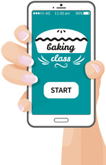 Online cooking classes concept. Start baking class mobile application on smartphone screen. Female hand holding phone with app learning platform for confectioners and bakers, cooking lessons