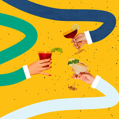 Funny meeting. Contemporary art collage with hands holding cocktail glasses isolated on yellow background. Mix photo and illustraion