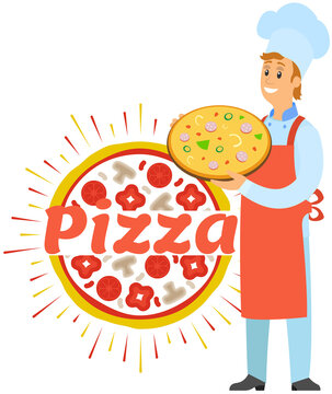 Design for Italian restaurant, pizzeria logo. Chef standing with bakery product, dish of italian cuisine in cafe. Cooking hot pizza, dough dish with ingredients. Pizzaiolo, pizza maker serving meal