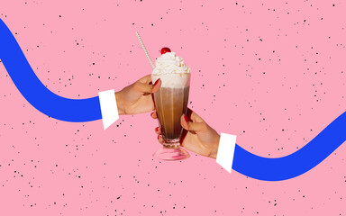 Pop art design. Drawn hands holding high glass with irish coffee isolated on light pink background. Concept of taste, soft drinks, retro style