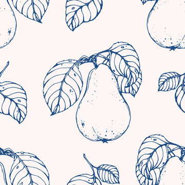 Vector seamless pattern with pears. Hand drawn textures. Elegant seamless botanical pattern for paper, fabric, wallpaper, surface design