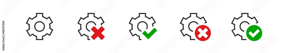 Aufkleber setting gears icon with check and cross mark. set process button. vector flat