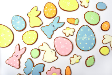 Gingerbread Cookies in shape of eggs and Easter bunny. Happy Easter holiday background concept.