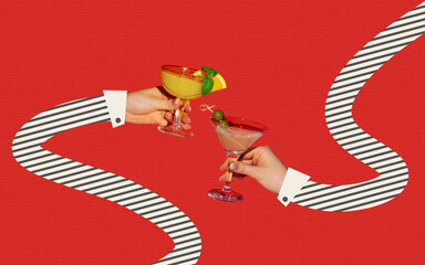 Female hands in drawn striped shirt with cocktail glasses clincking isolated on bright red neon...