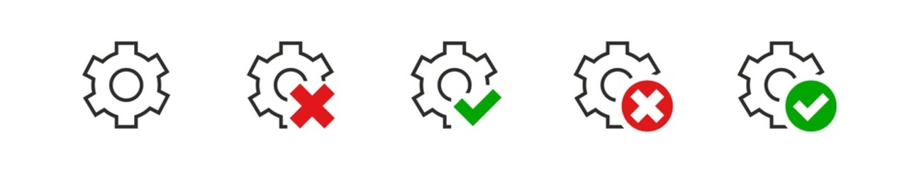 Setting gears icon with check and cross mark. Set process button. Vector flat