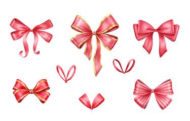 Red bows.Watercolor illustration.Hand painted red/gold bows isolated on white background.