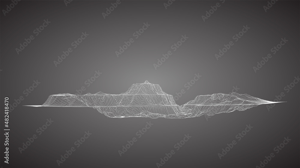 Wall mural Rednered illustration of 3D terrain with wireframe mesh topology