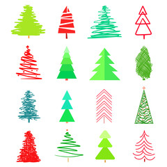 Obraz premium Christmas trees on white. Set for icons on isolated background. Geometric art. Universal coloful collection for trendy design. Abstract objects for flyers, posters, t-shirts and textiles