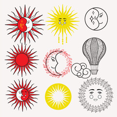 Hand drawn decorative Vector set of moon and sun stickers, tattoo mystic astract decorative design