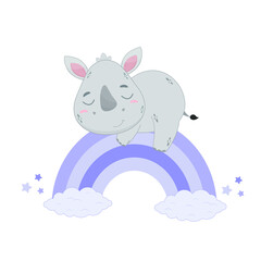 Cute cartoon rhinoceros cub sitting on a rainbow. Rhinoceros on white background. Vector illustration