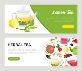 Herbal tea landing page templates set. Organic healthy drinks, lemon tea horizontal web banners vector illustration