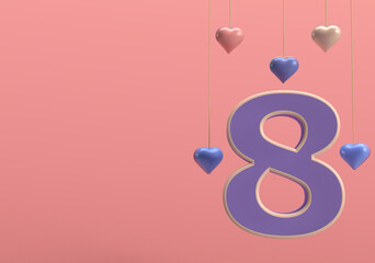 8 march greeting card with pink and blue heart shape. 3d illustration background. 3d heart rendering