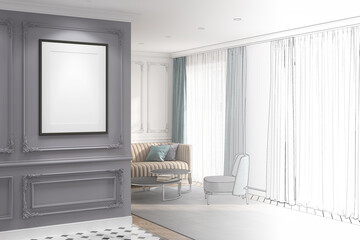 A sketch becomes a real modern classic apartment with a blank vertical poster on a gray classic wall, a beige sofa, coffee tables, and a cozy armchair near the window with green curtains. 3d render
