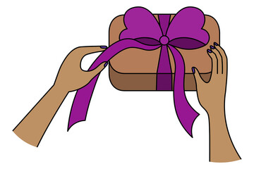 Unpacking the gift. Spaniard's hands and a craft box with a present. Colored vector illustration. Tie a purple bow on a surprise. Isolated background. Pack a gift in a box. Cartoon style. 