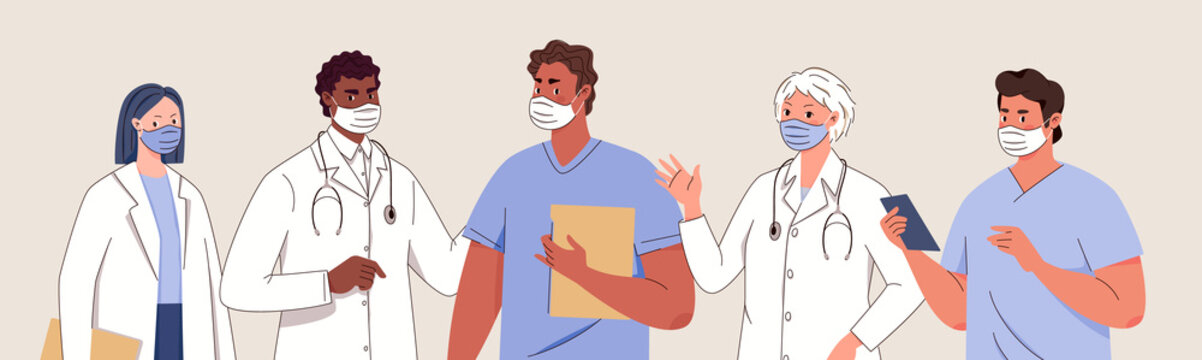 Team doctors in white coats and surgical suits. Set of portraits medical workers different nationalities of male and female, medics and paramedics — surgeons, physicians, nurses. Flat cartoon vector.