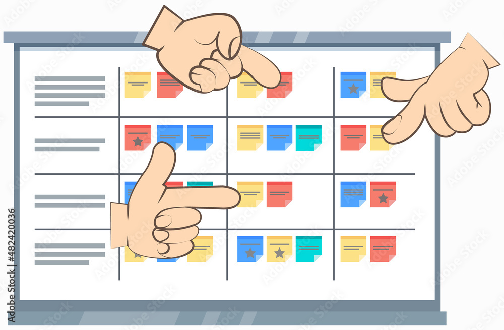 Poster business operations planning and scheduling concept with human hand pointing to board with plan, con