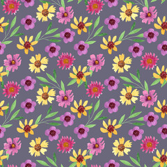 Watercolor flower pattern, Meadow flower print, Floral seamless ornament, Ditsy design for fabric, wrapping paper background, Summer botanical wallpaper, Retro simple repeat pattern