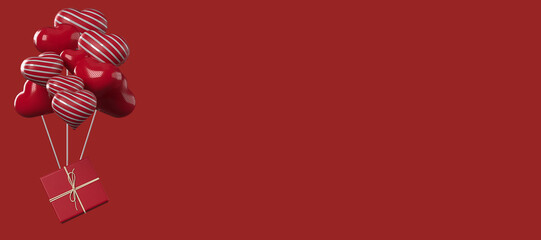 red gift box banner with red heart shape balloon on red background. 3d rendering background