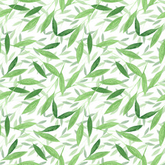 Naklejka premium Green foliage pattern, Watercolor seamless background, Greenery repeat wallpaper, Decorative texture design, Spring leaves ornament, Tree branch seamless pattern, Green leaf backdrop
