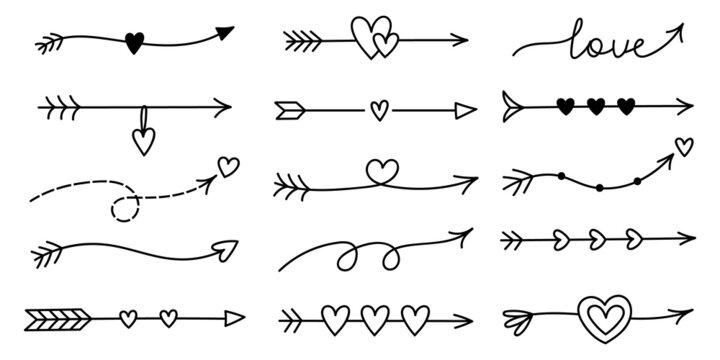 Set of cute doodle arrows for Valentine's Day isolated on white background. Vector hand-drawn illustration. Perfect for holiday designs, cards, invitations, decorations. Romantic clipart collection.