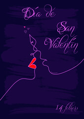 Tarjeta o pancarta para desear un feliz día de San Valentín el 14 de febrero en morado con el contorno de un rostro de un hombre y una mujer en morado sobre un fondo morado y pequeños corazones