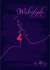 Kartka lub baner z życzeniami szczęśliwych Walentynek 14 lutego w kolorze fioletowym z konturem twarzy mężczyzny i kobiety w kolorze fioletowym na fioletowym tle i małymi serduszkami